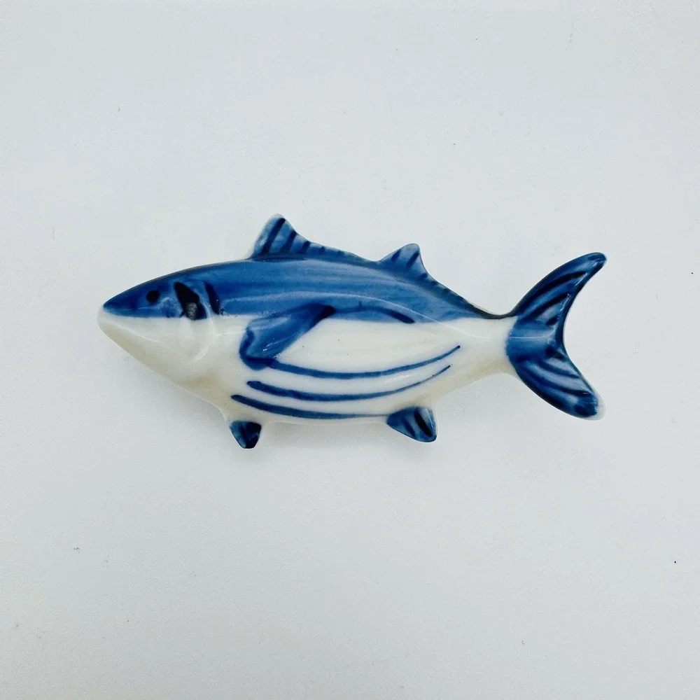 Vintage Kotobuki Porcelain Tuna Fish Ceramic Blue White Japan Chopstick Rest